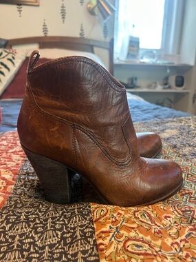Women's Brown Leather Ankle Booties with Block Heel